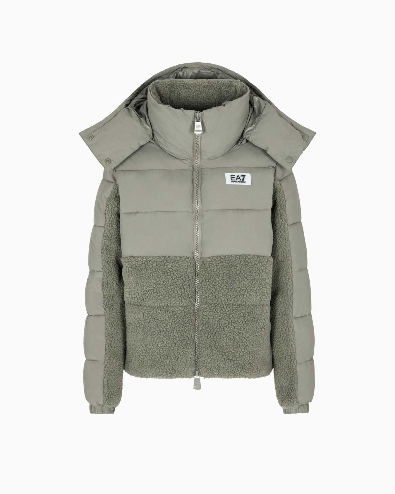 Nylon padded jacket with teddy-effect fabric details Slide 0