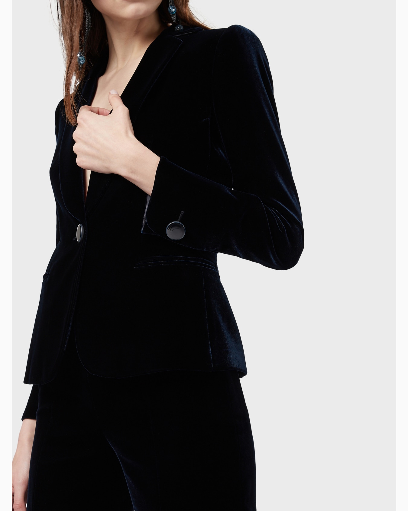 Single-breasted velvet jacket with jewel button detail Slide 5