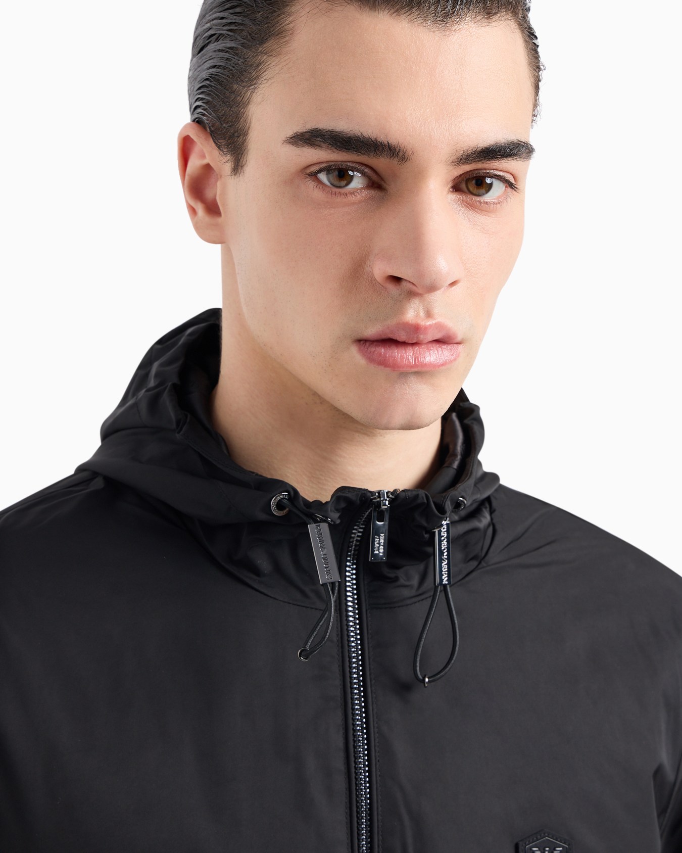 Hooded, water-repellent nylon blouson with logo patch Slide 5