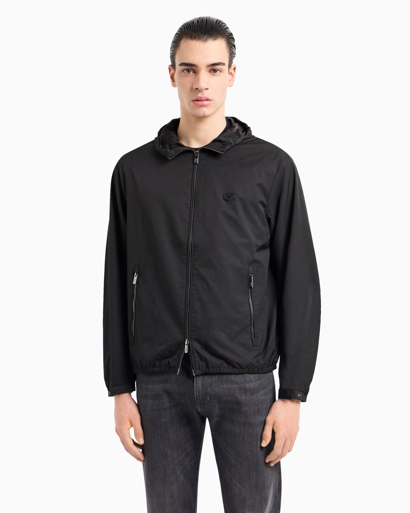 Hooded, water-repellent nylon blouson with logo patch Slide 4