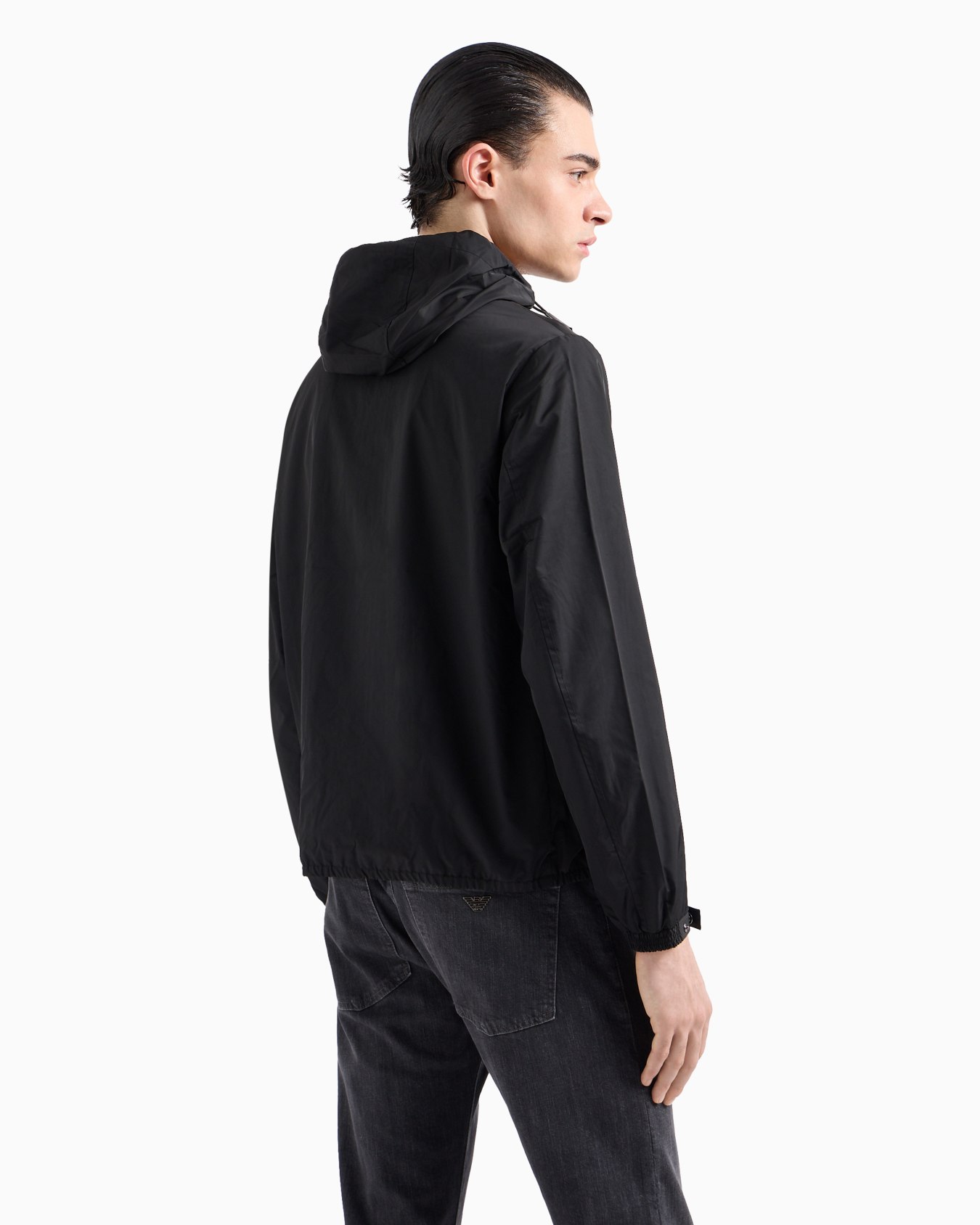Hooded, water-repellent nylon blouson with logo patch Slide 3