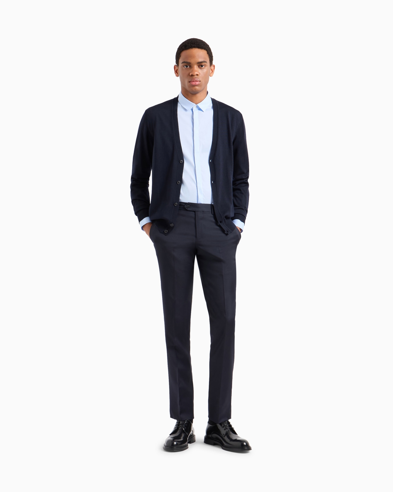 Plain-knit, virgin-wool V-neck cardigan Slide 1