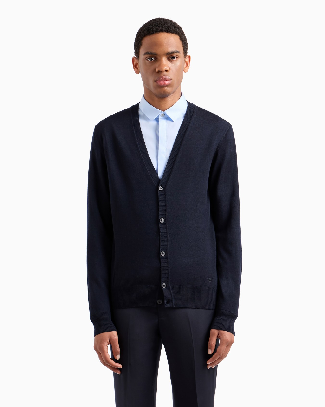 Plain-knit, virgin-wool V-neck cardigan Slide 3