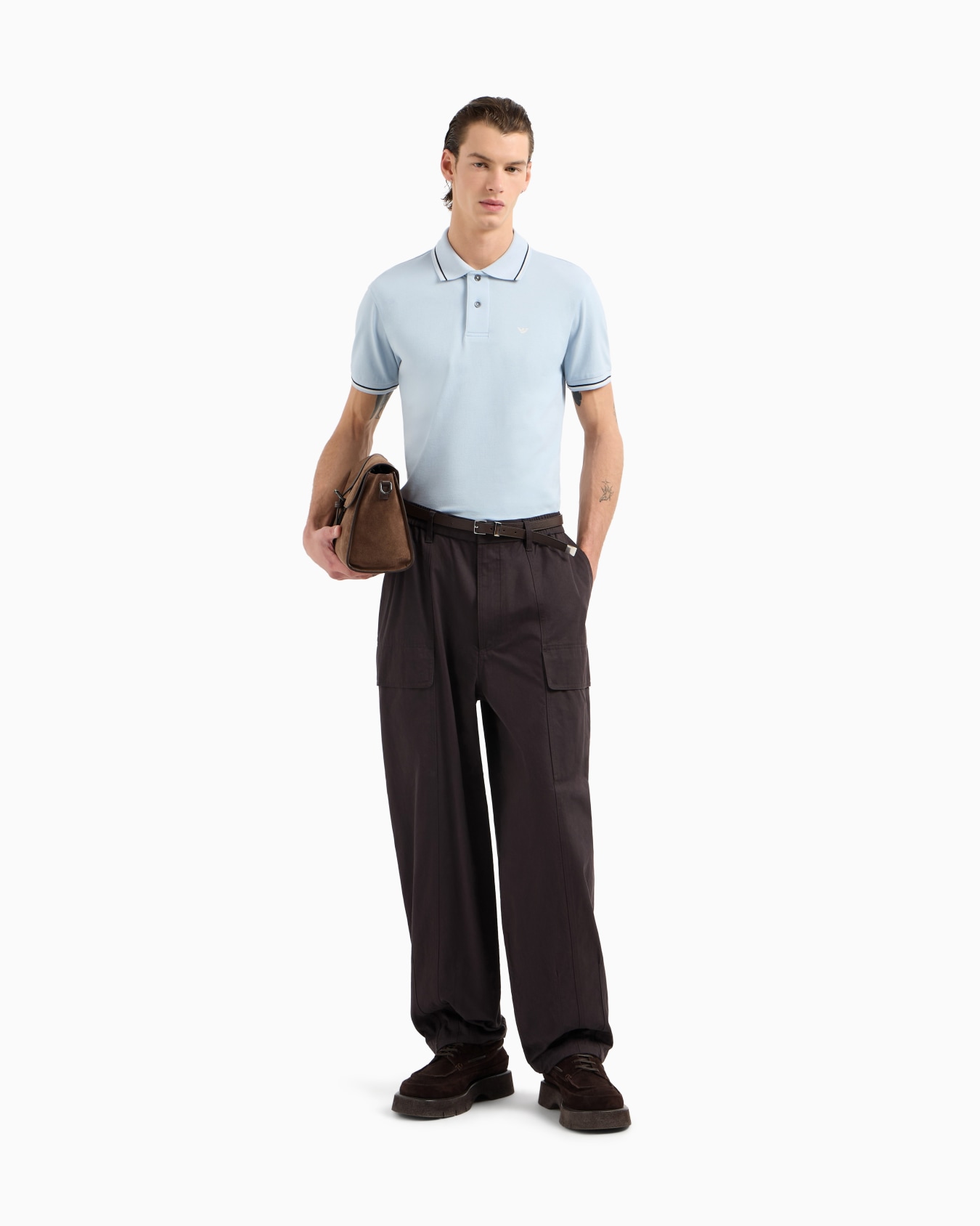 Slim-fit stretch piqué polo shirt with micro eagle Slide 1