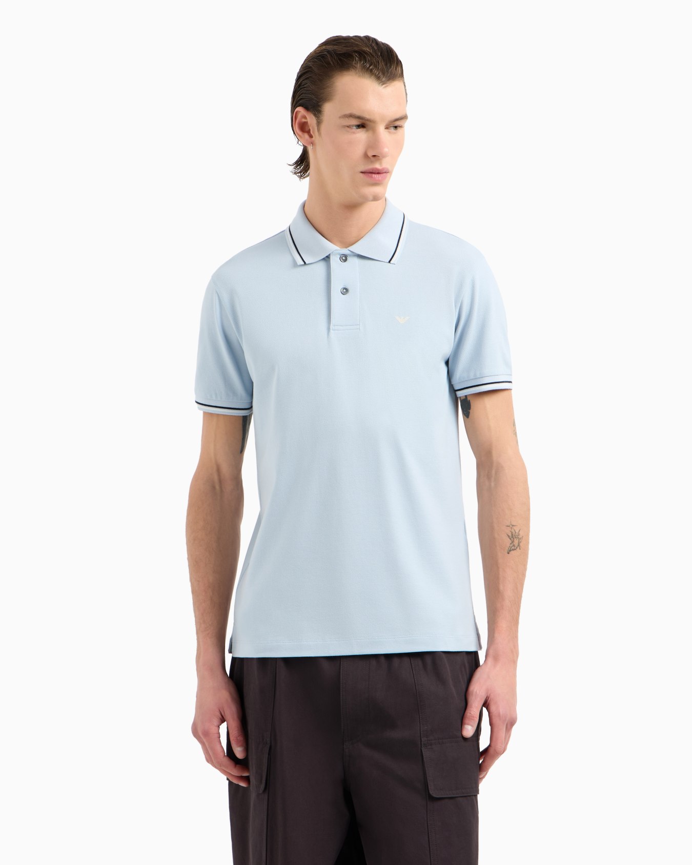 Slim-fit stretch piqué polo shirt with micro eagle Slide 3