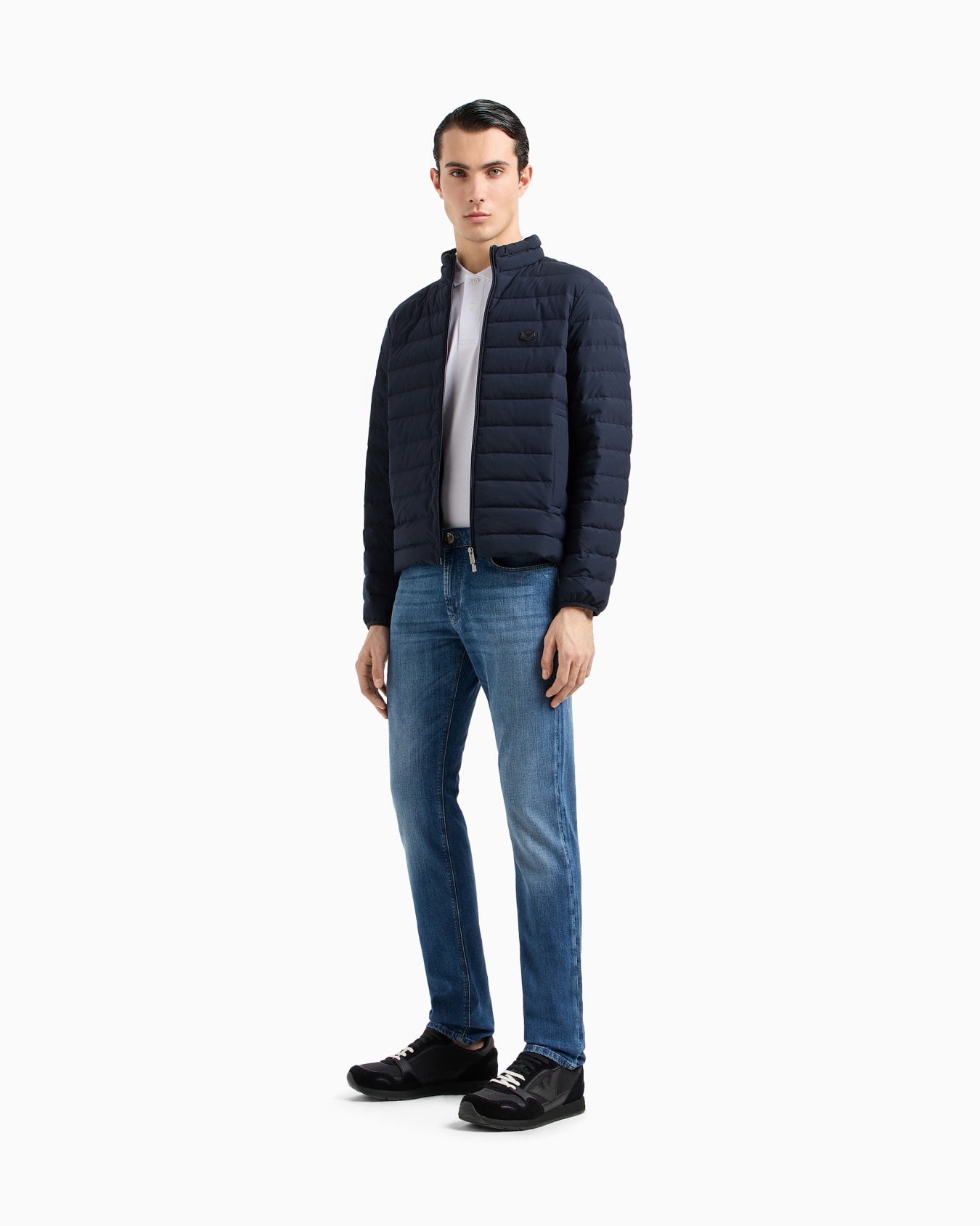 Long-sleeved stretch piqué polo shirt with micro eagle embroidery Slide 1