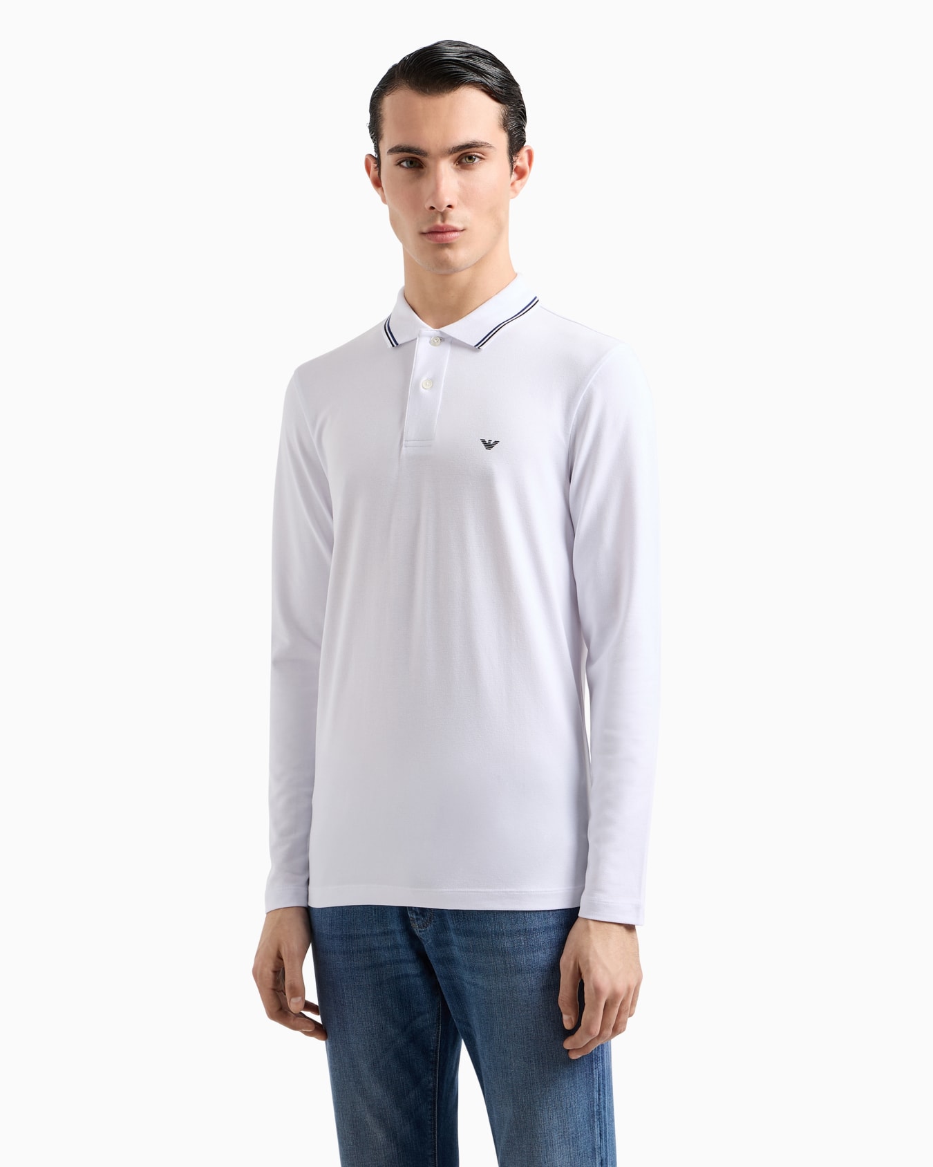 Long-sleeved stretch piqué polo shirt with micro eagle embroidery Slide 3