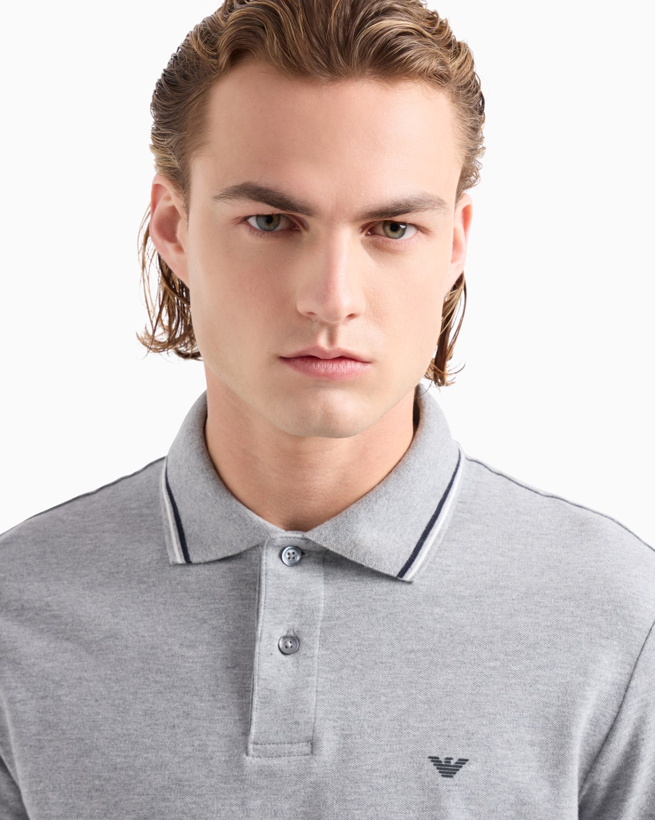 Long-sleeved stretch piqué polo shirt with micro eagle embroidery Slide 4