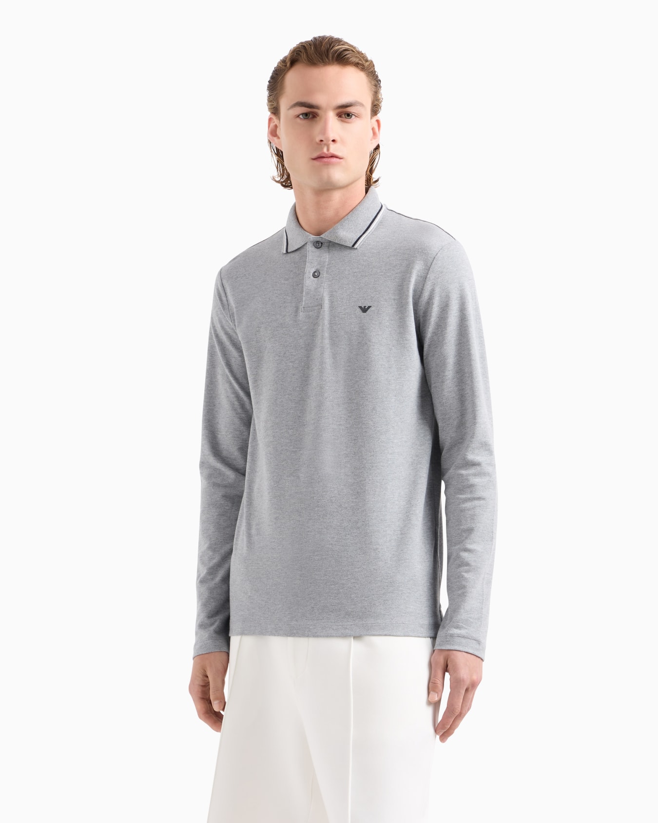 Long-sleeved stretch piqué polo shirt with micro eagle embroidery Slide 1