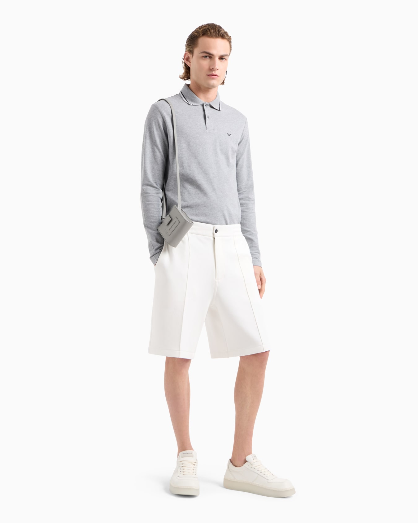 Long-sleeved stretch piqué polo shirt with micro eagle embroidery Slide 3