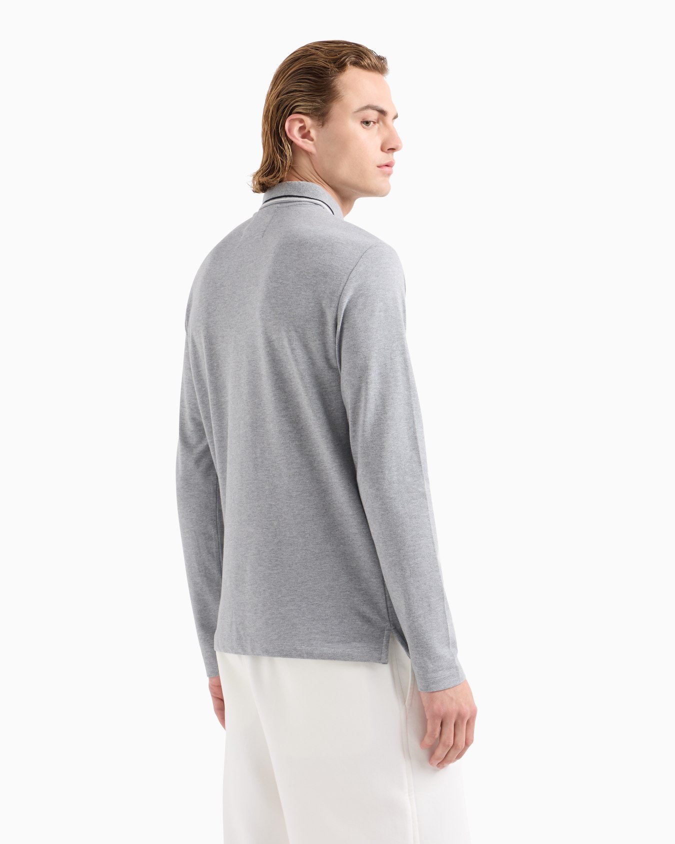 Long-sleeved stretch piqué polo shirt with micro eagle embroidery Slide 2