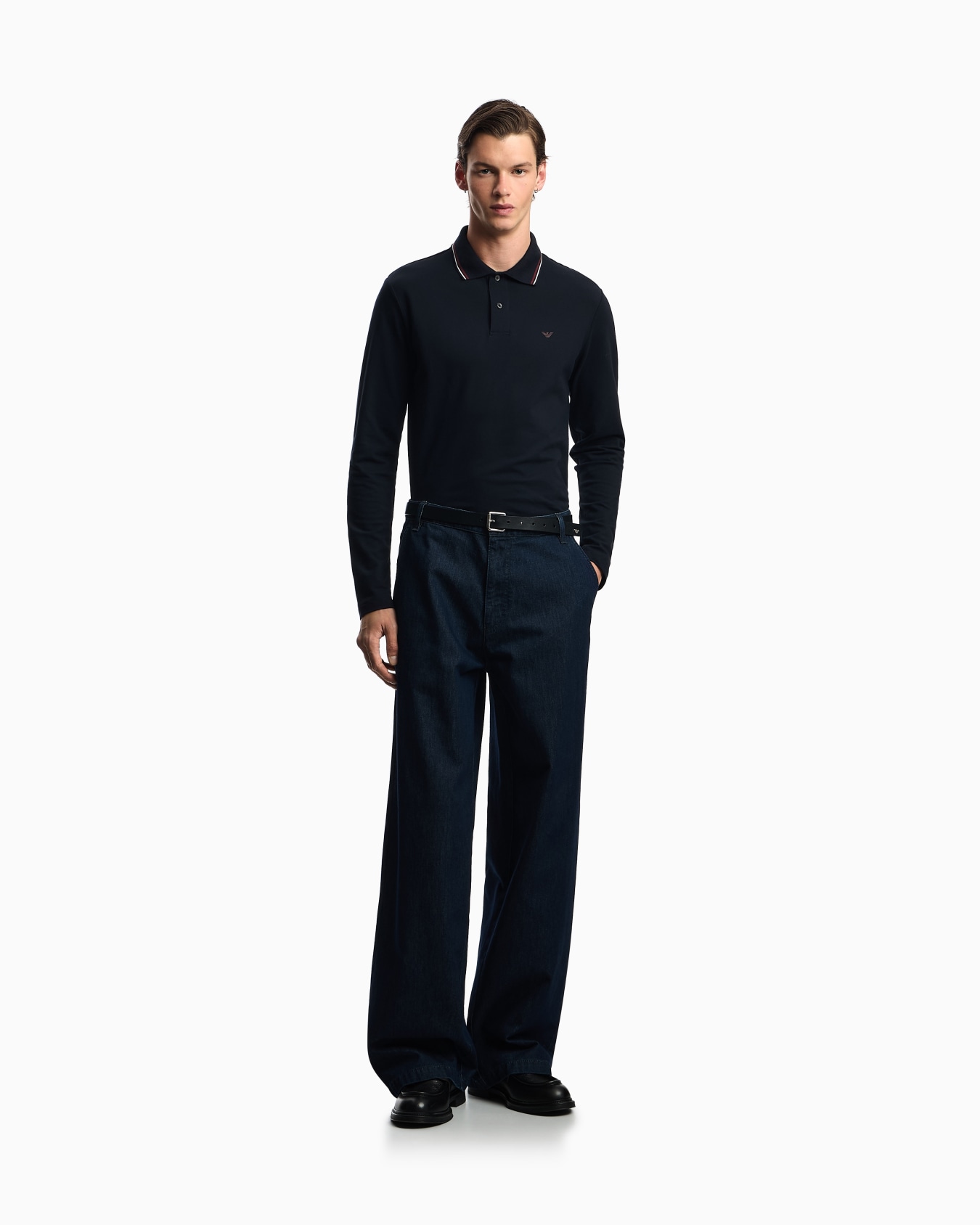 Long-sleeved stretch piqué polo shirt with micro eagle embroidery Slide 1