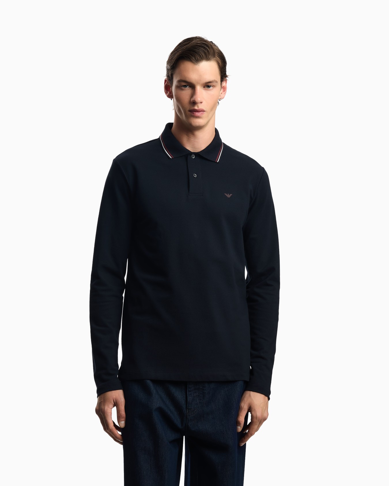 Long-sleeved stretch piqué polo shirt with micro eagle embroidery Slide 3