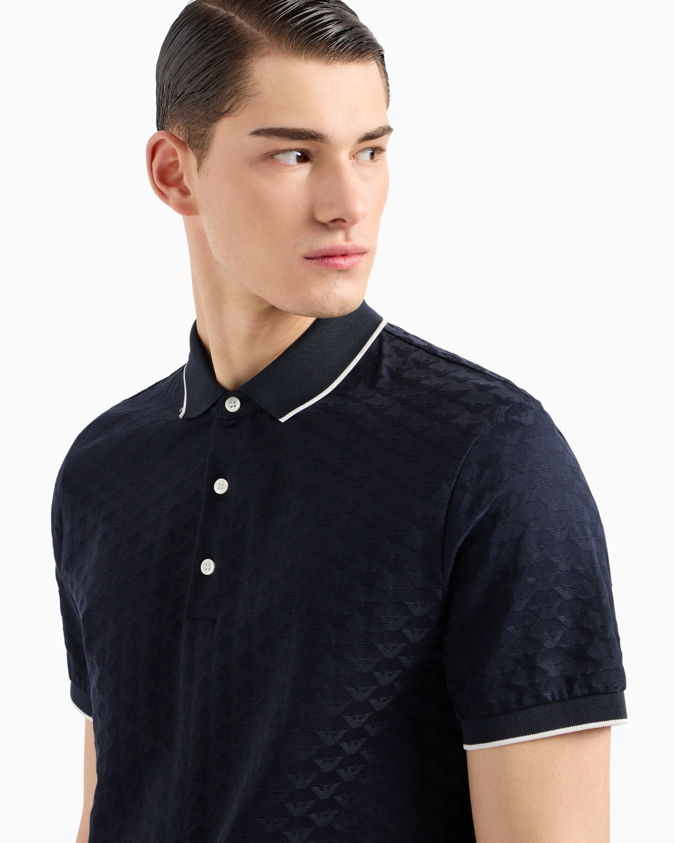 Mercerised jersey polo shirt with all-over jacquard eagle Slide 4