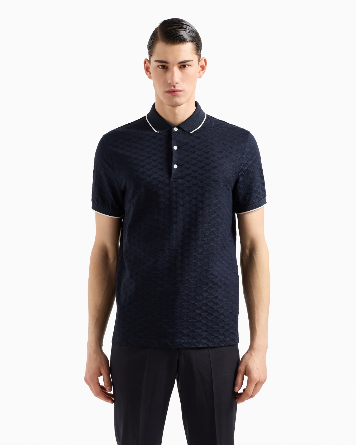 Mercerised jersey polo shirt with all-over jacquard eagle Slide 3