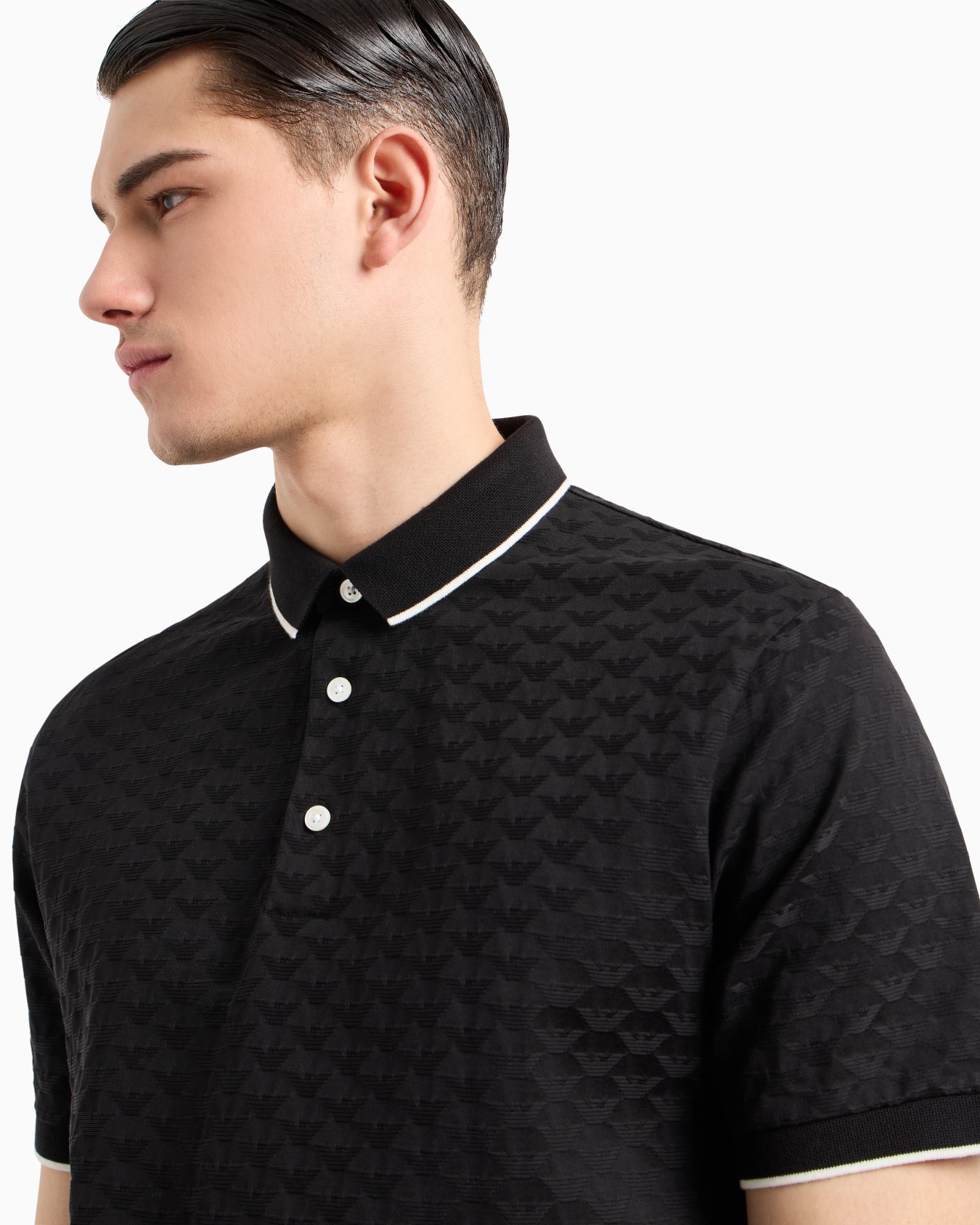 Mercerised jersey polo shirt with all-over jacquard eagle Slide 4