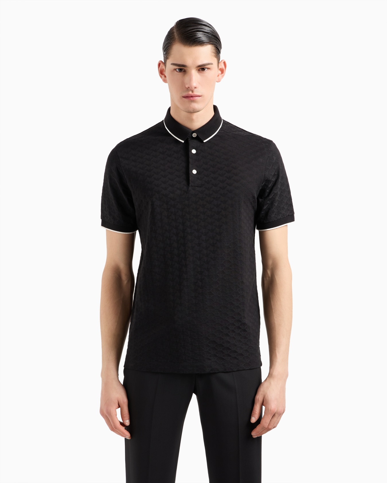 Mercerised jersey polo shirt with all-over jacquard eagle Slide 3
