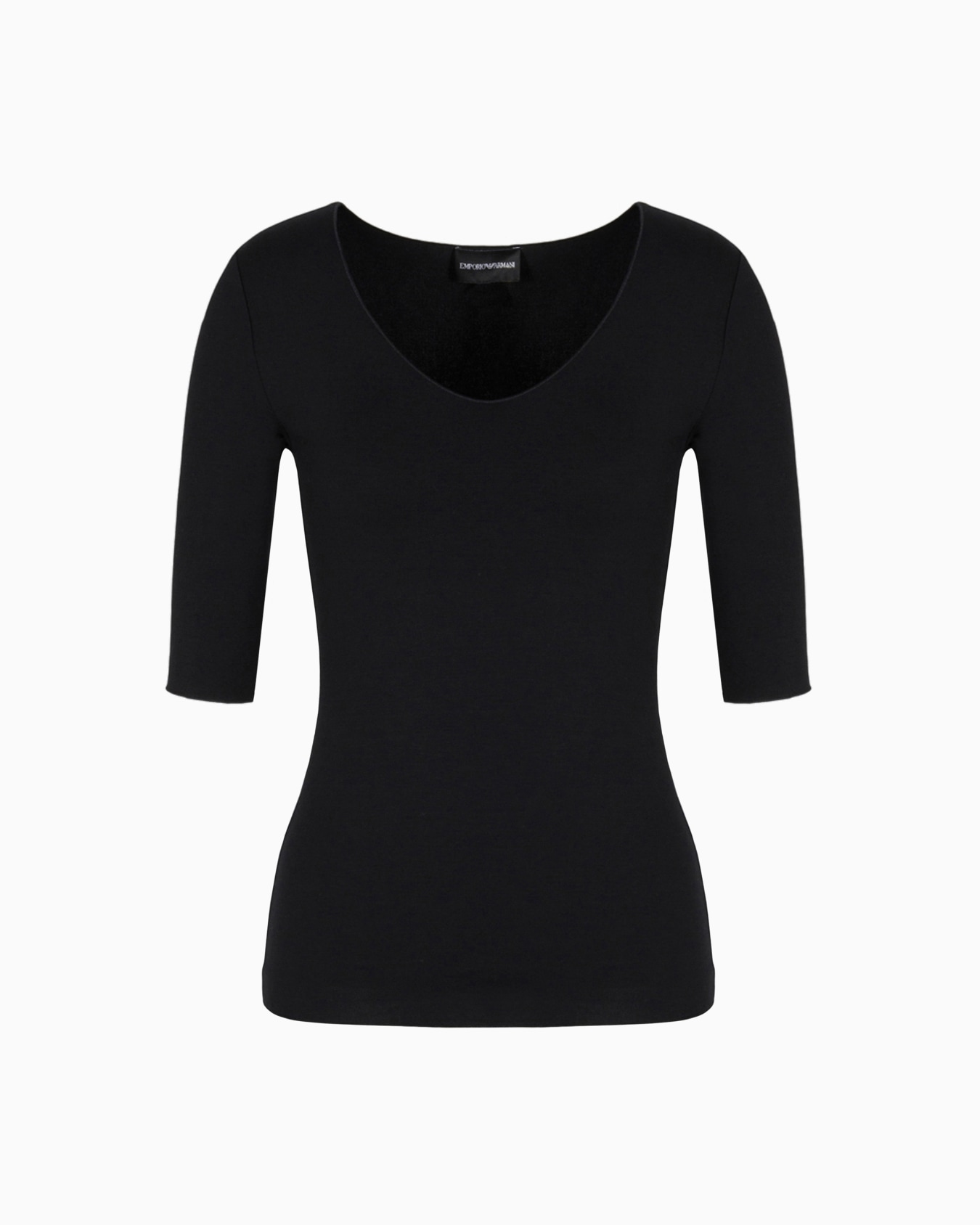 Jersey de punto elástico de viscosa con escote de pico y manga tres cuartos Diapositiva 0