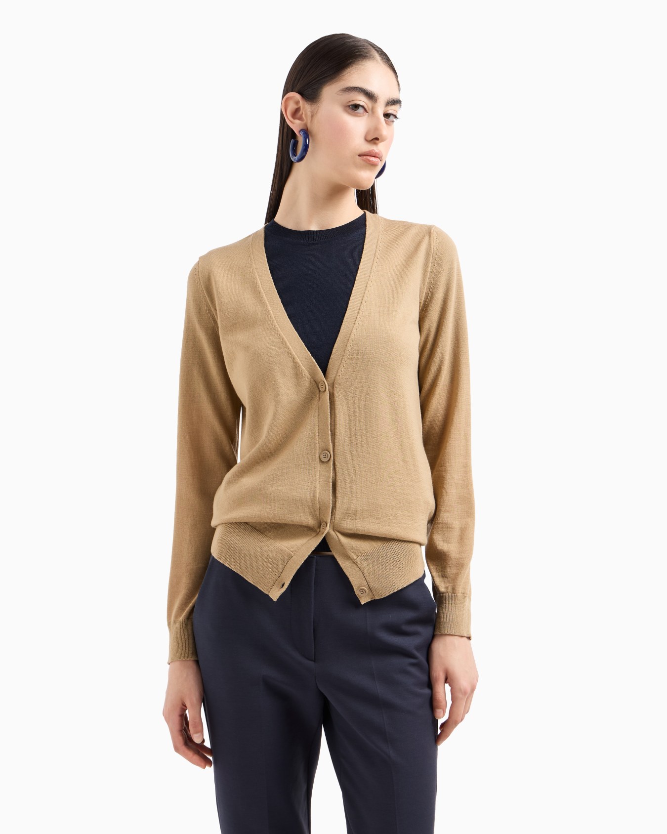 Plain knit pure virgin wool cardigan Slide 1