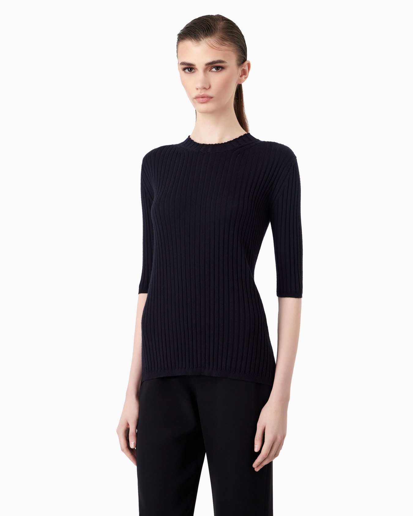 Jersey de cuello redondo de cachemir puro acanalado Diapositiva 1