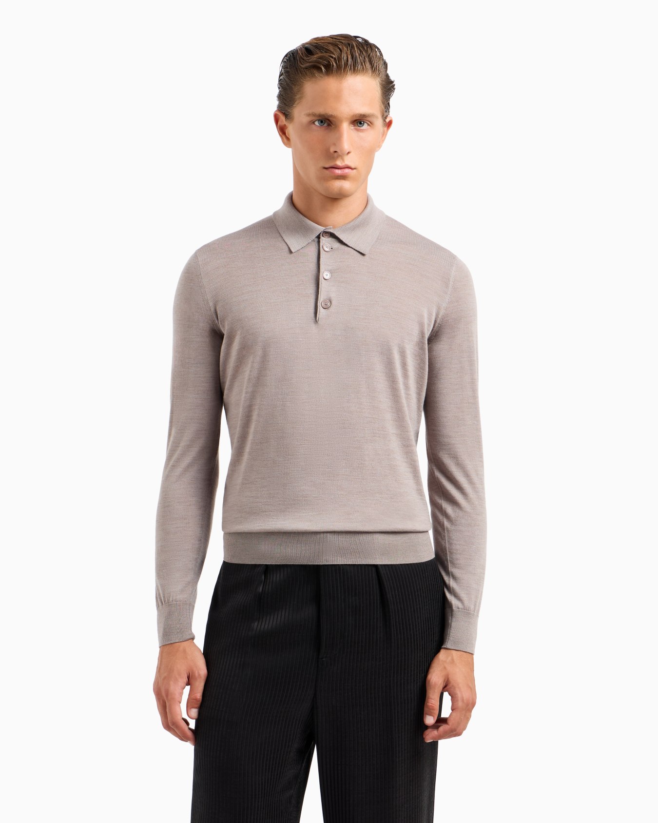 Long-sleeved polo shirt in virgin wool Slide 1