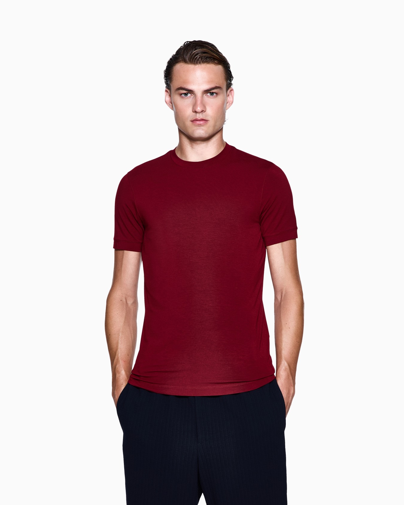 Crew-neck short-sleeved T-shirt in stretch viscose jersey Slide 3