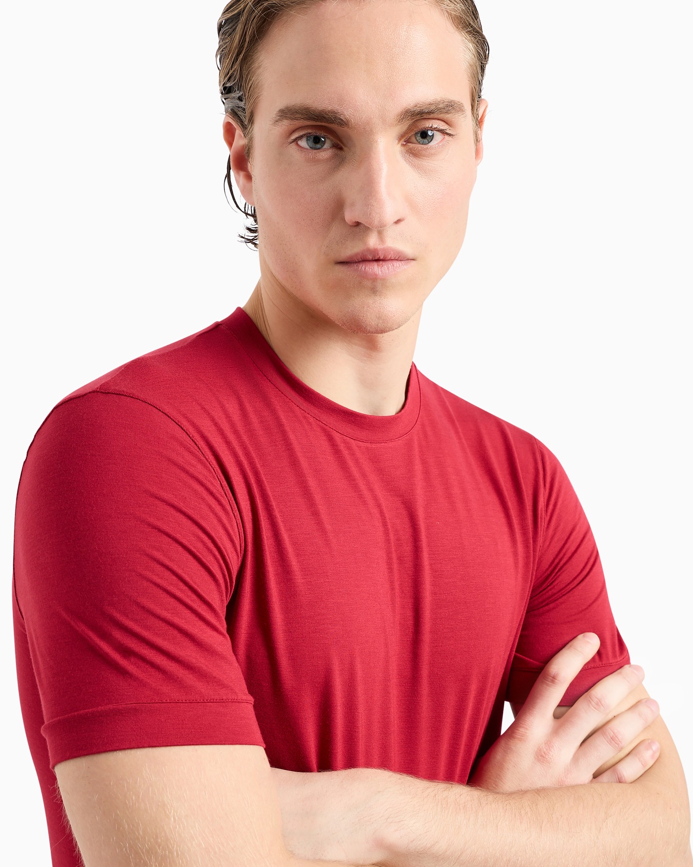 Camiseta de punto de viscosa elástico con cuello redondo y manga corta Diapositiva 4