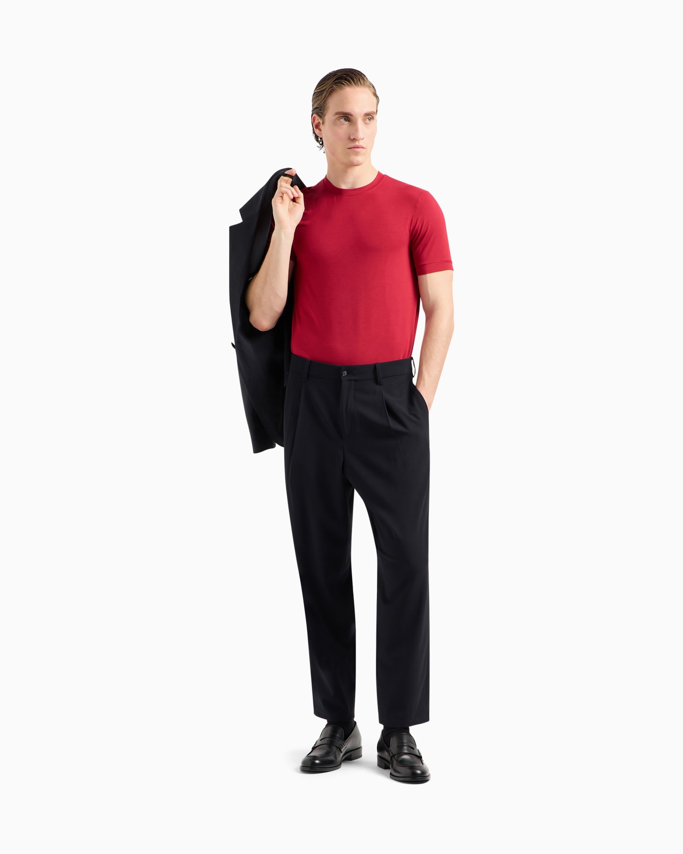 Camiseta de punto de viscosa elástico con cuello redondo y manga corta Diapositiva 1