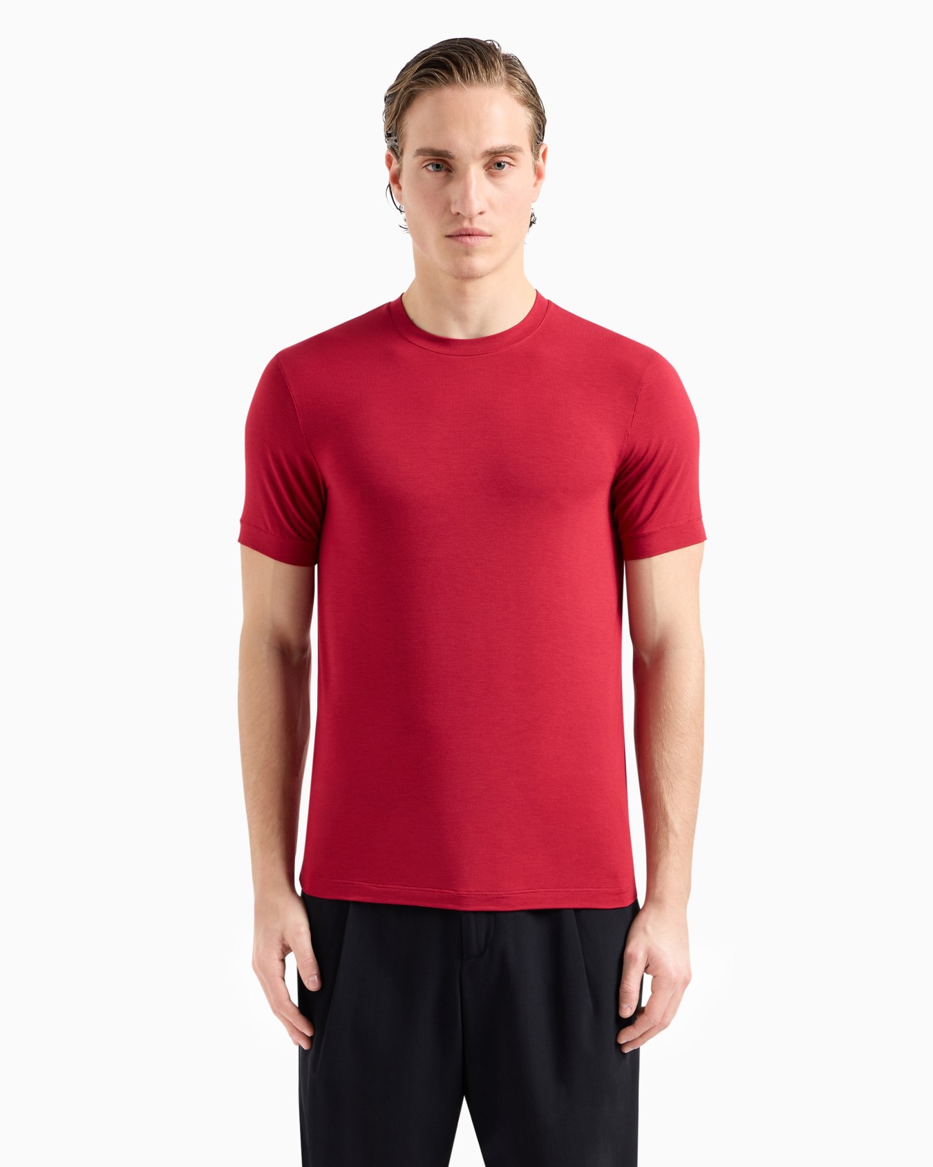 Crew-neck long-sleeved T-shirt in stretch viscose jersey Slide 1