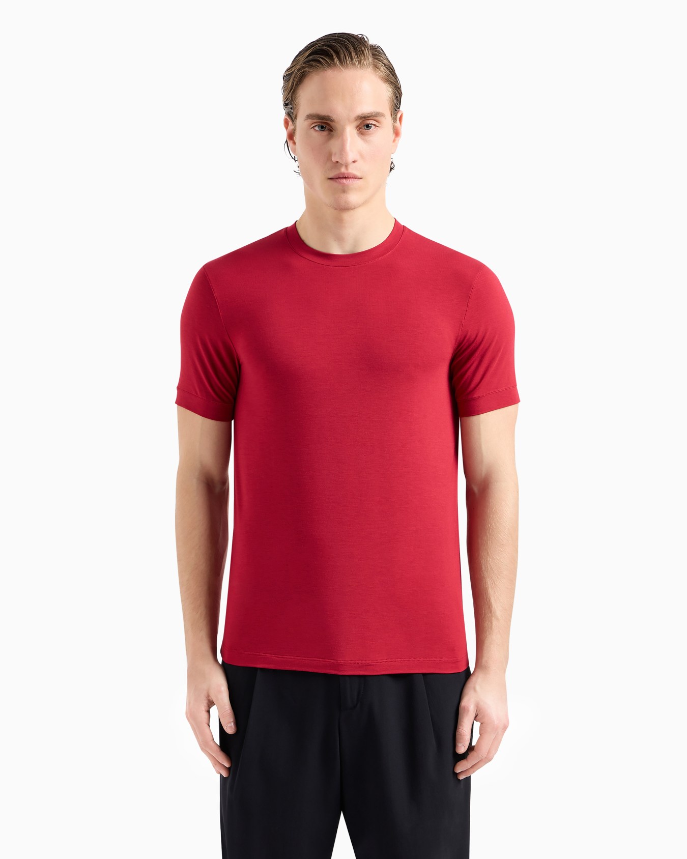 Camiseta de punto de viscosa elástico con cuello redondo y manga corta Diapositiva 3