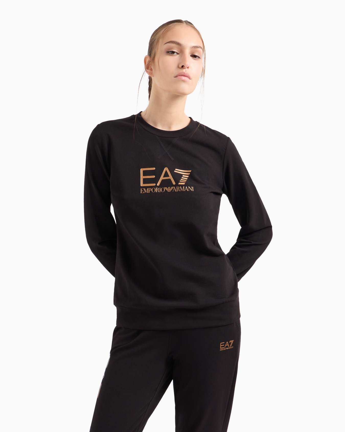 Shiny stretch-cotton, crew-neck sweatshirt Slide 1