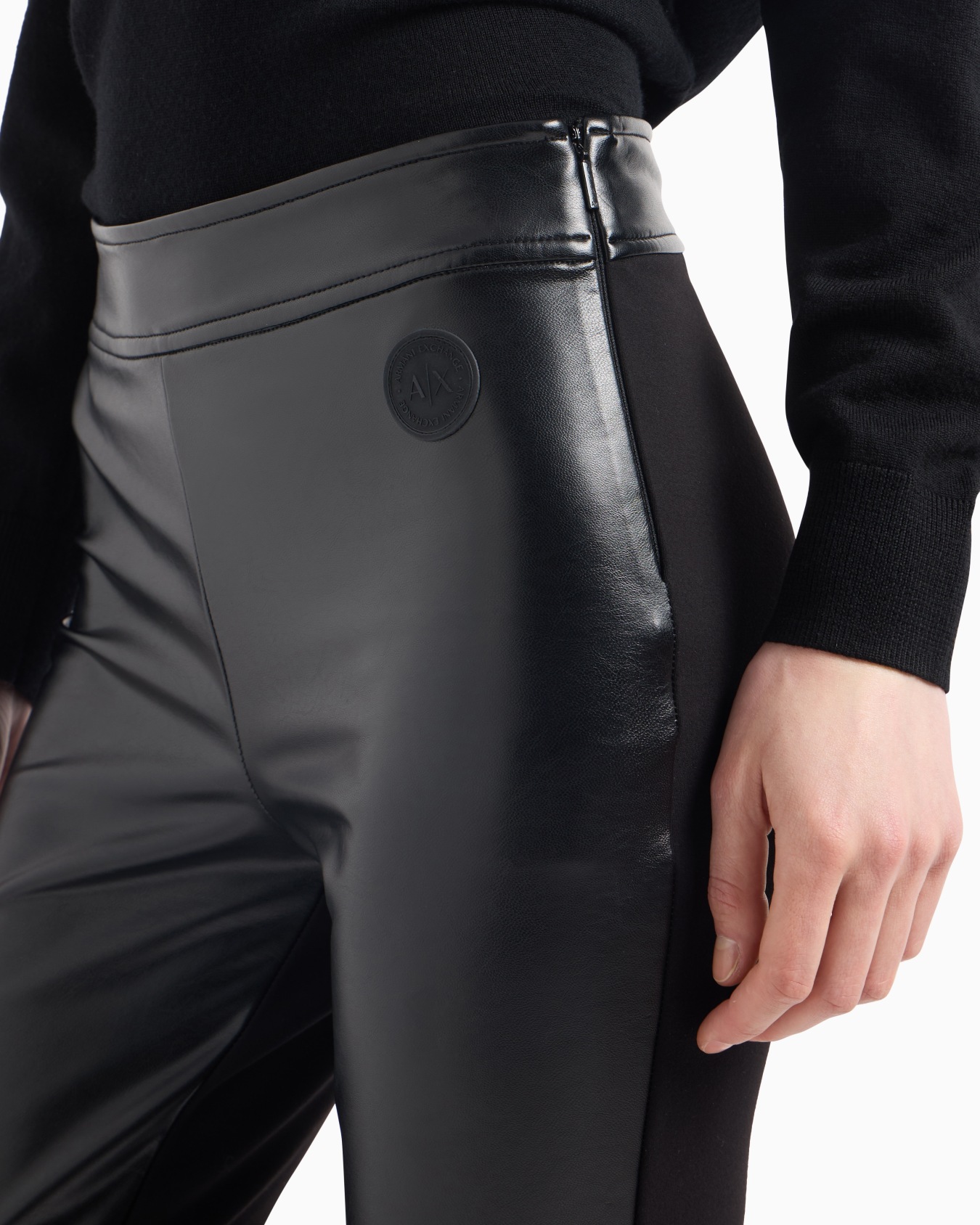 Skinny faux leather trousers with fabric inserts Slide 4