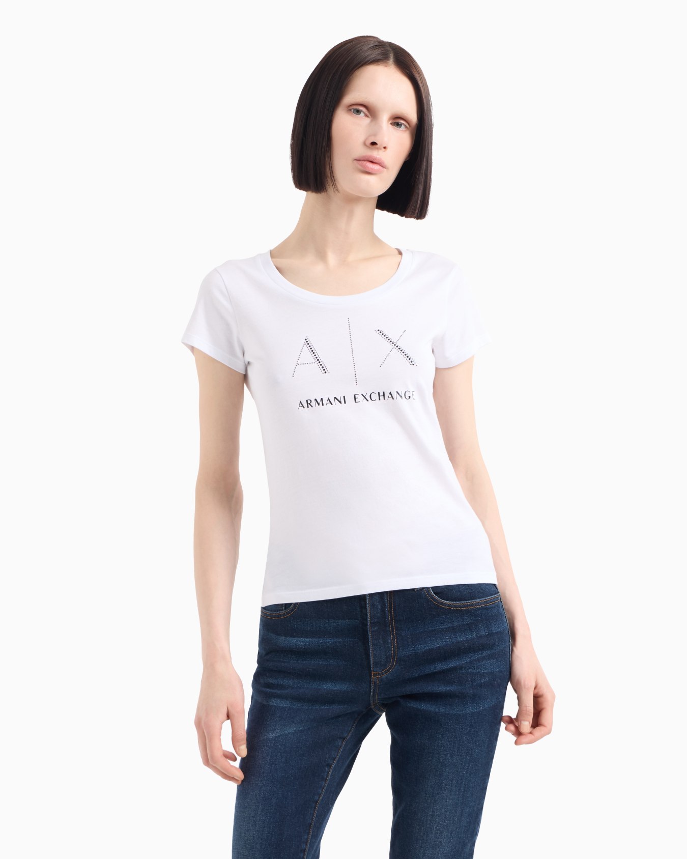 Schmal geschnittenes T-Shirt aus Pima-Baumwolle mit Strass-Logo Folie 3