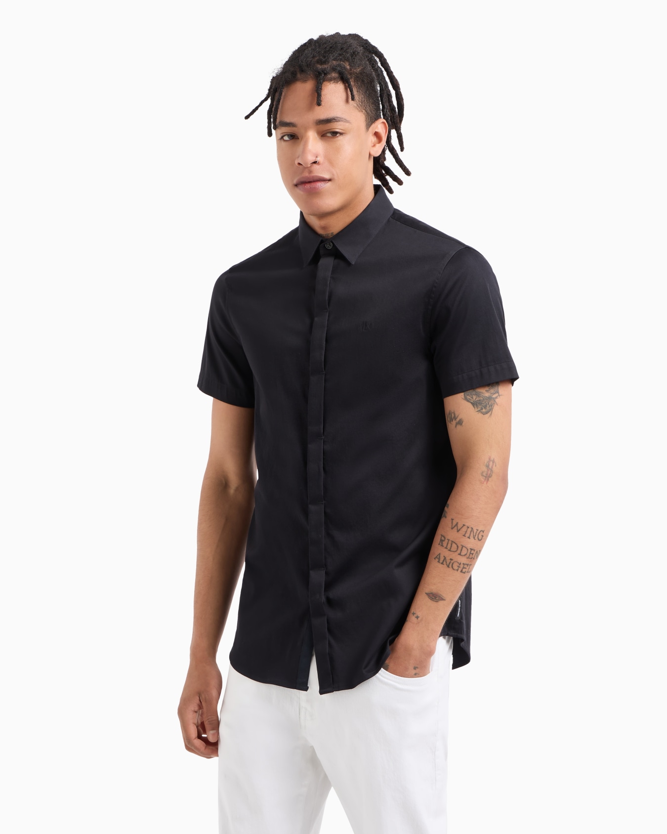 Slim fit short sleeve shirt in stretch satin Slide 3