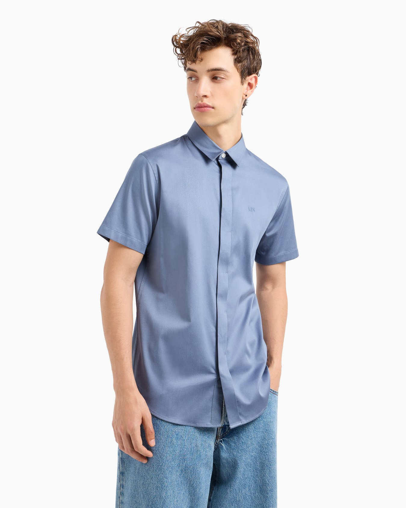 Slim fit short sleeve shirt in stretch satin Slide 1