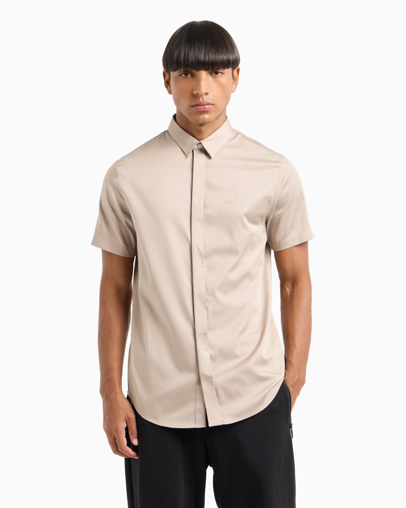 Slim fit short sleeve shirt in stretch satin Slide 1