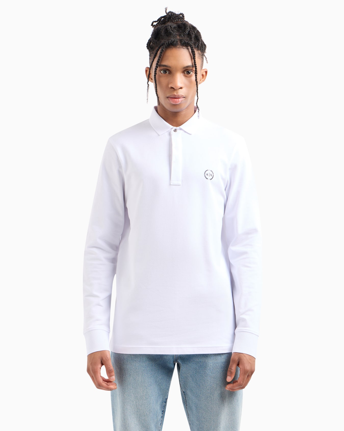 Slim fit polo shirt in stretch cotton with long sleeves Slide 1