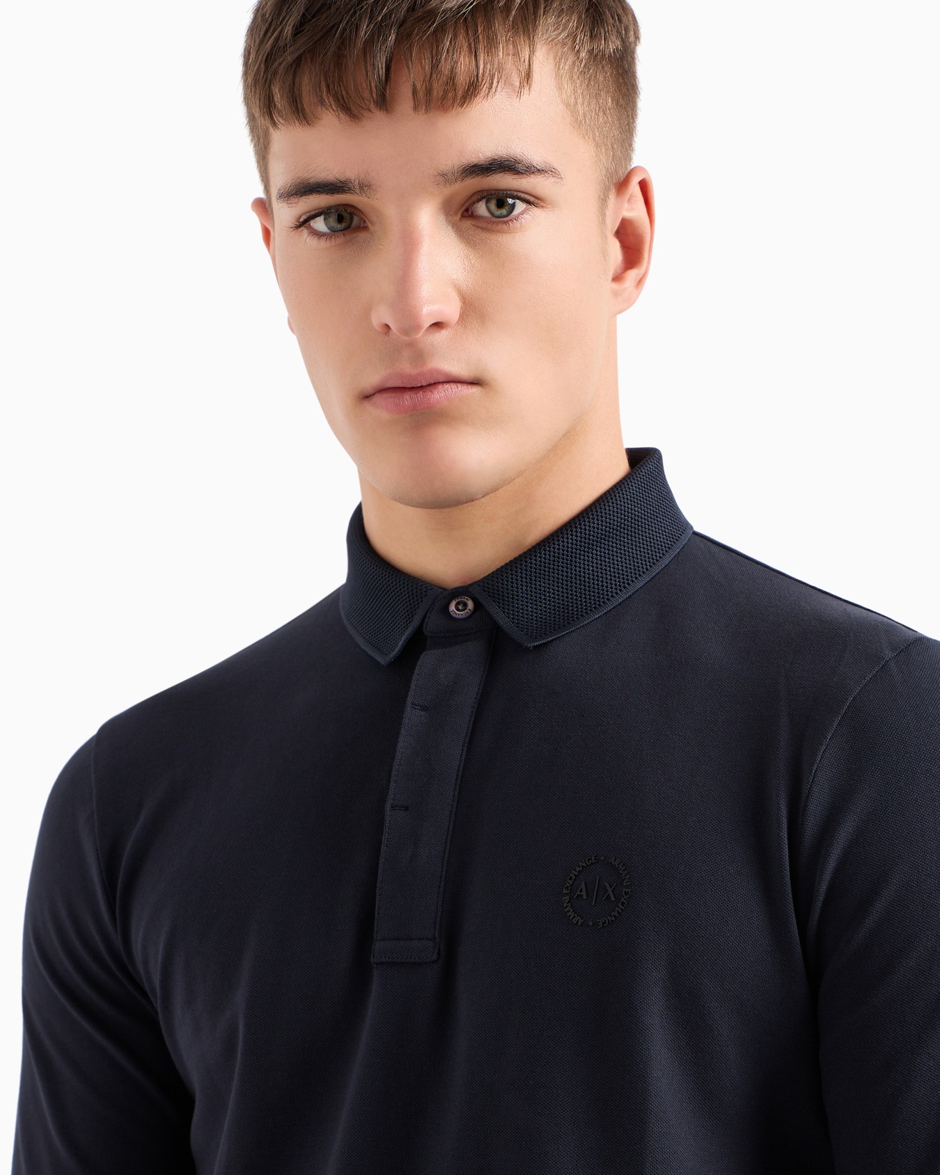 Slim fit polo shirt in stretch cotton with long sleeves Slide 4