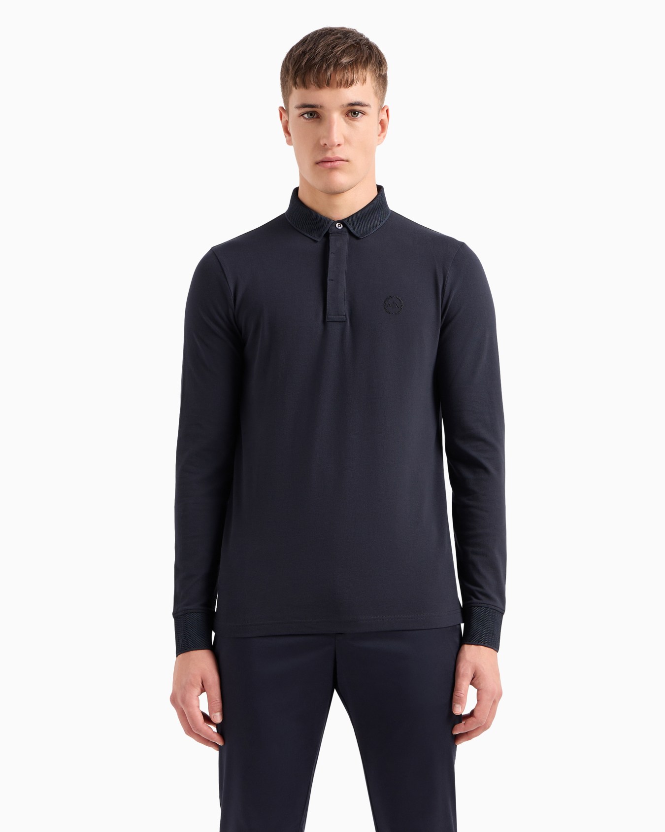 Slim fit polo shirt in stretch cotton with long sleeves Slide 3
