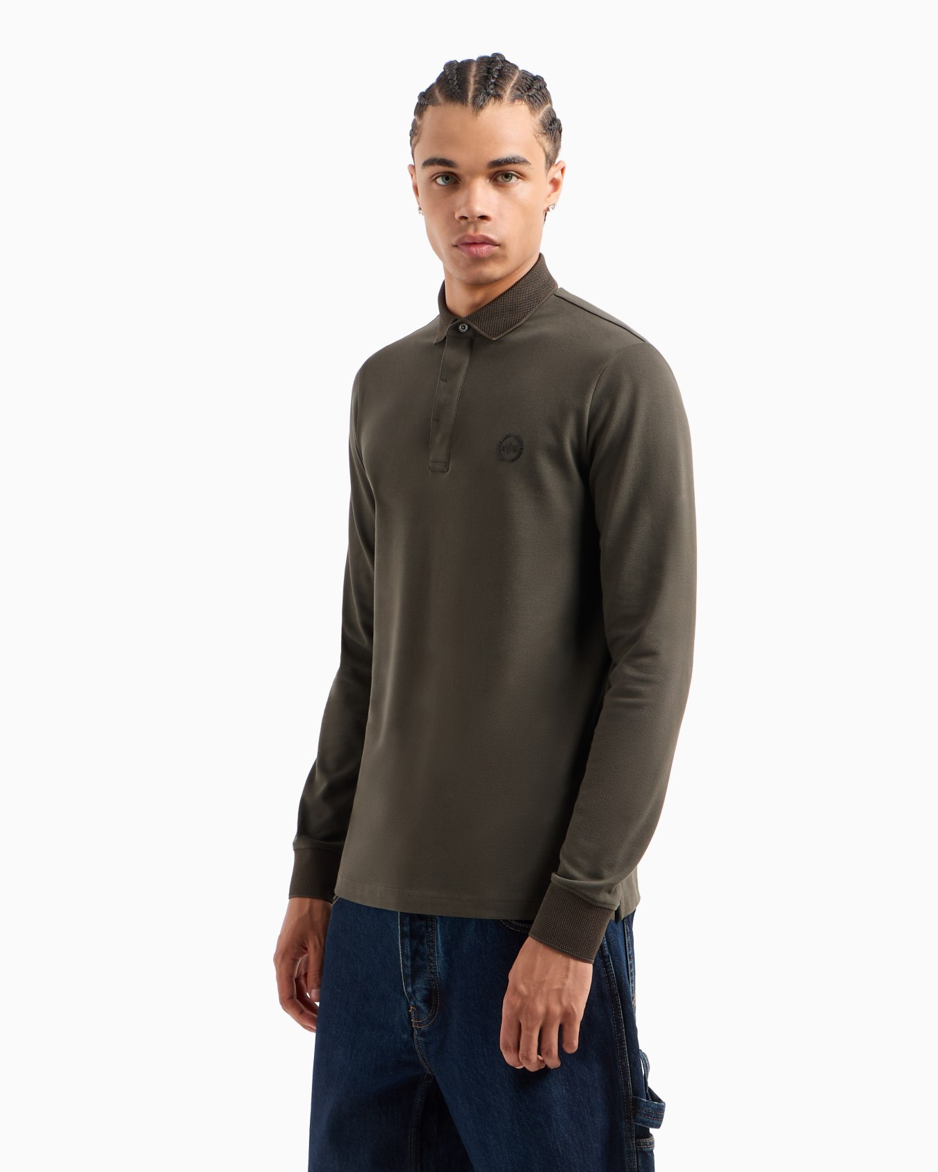 Slim fit polo shirt in stretch cotton with long sleeves Slide 1