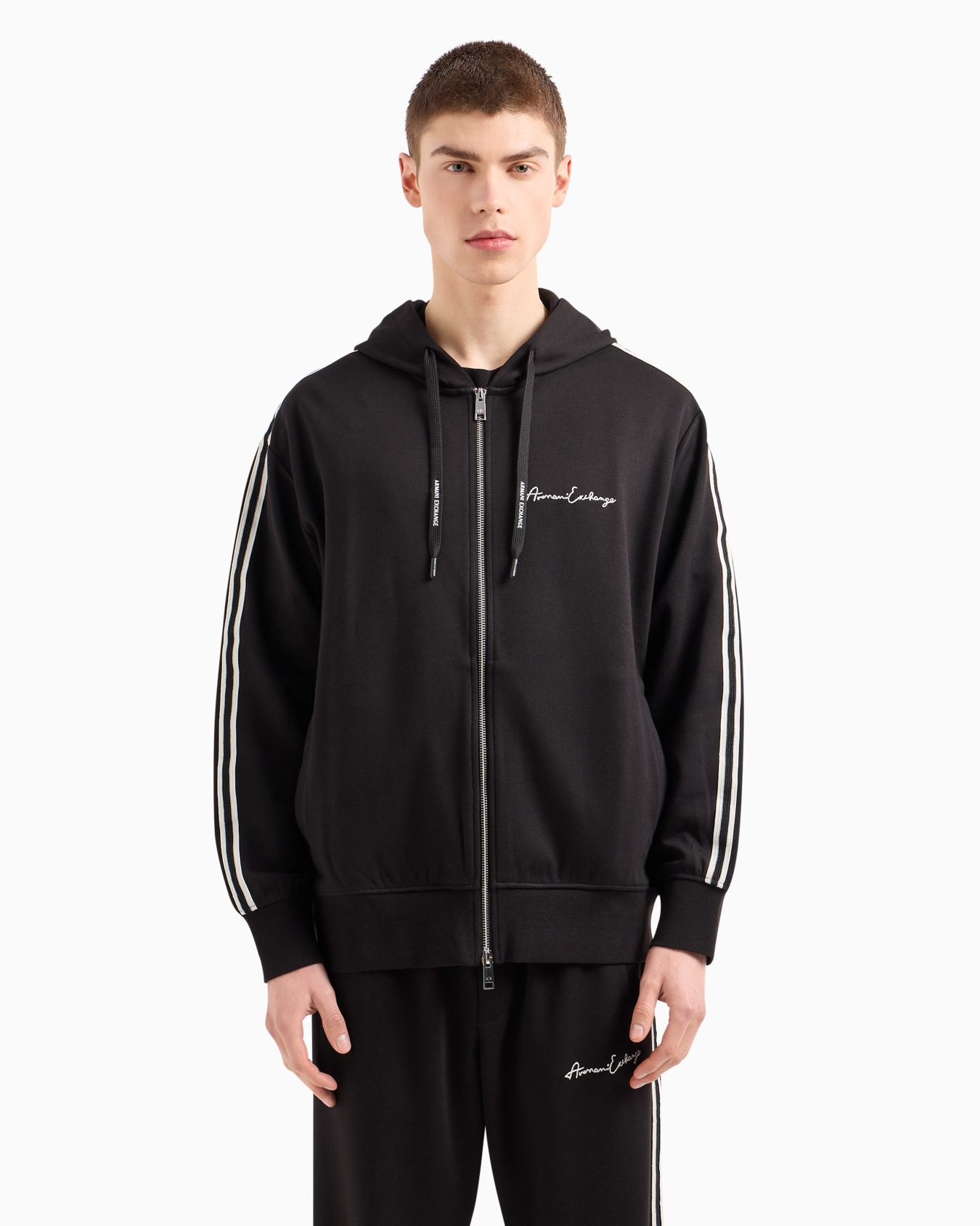 Full zip sweatshirt in bonded cotton with bands on the sleeves Slide 3