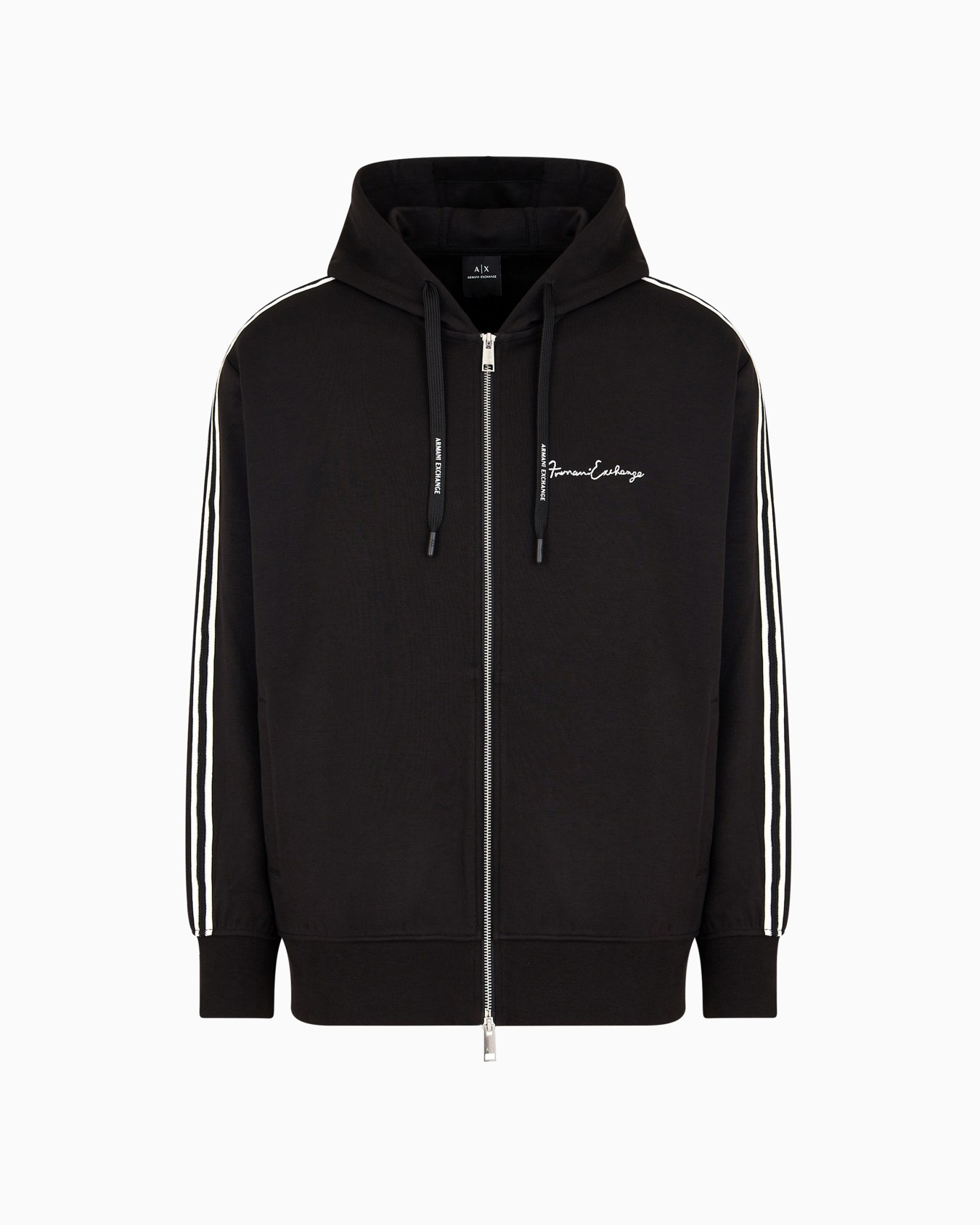 Full zip sweatshirt in bonded cotton with bands on the sleeves Slide 0