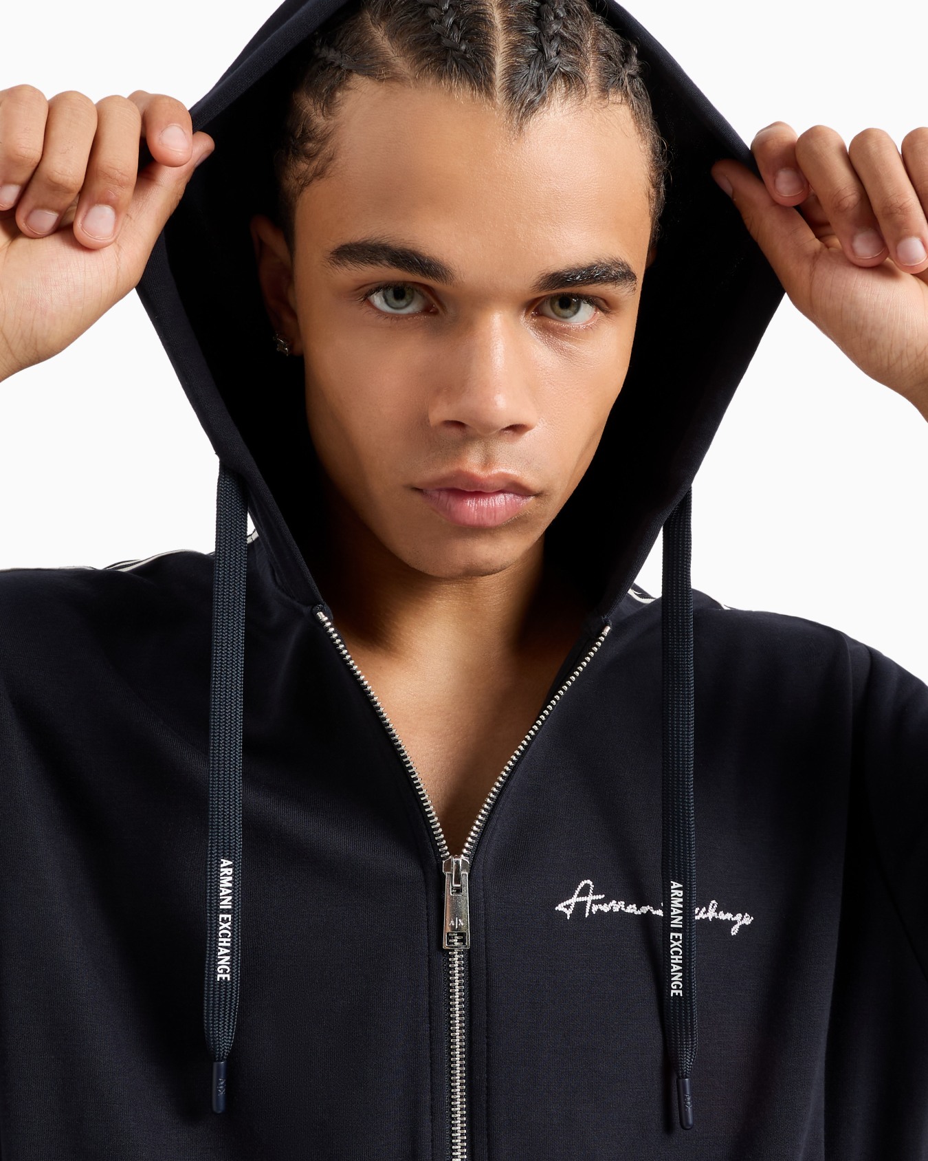 Full zip sweatshirt in bonded cotton with bands on the sleeves Slide 4