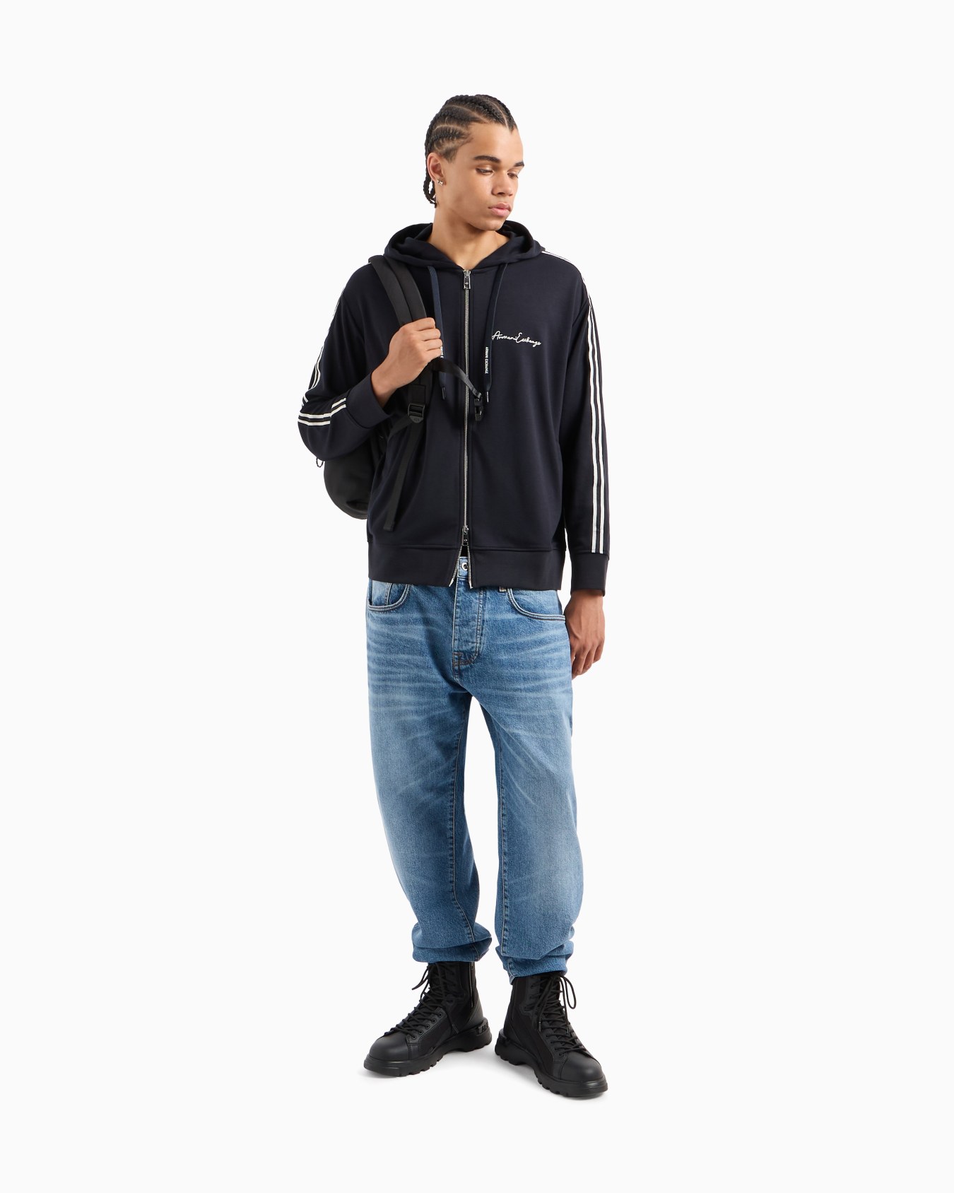 Full zip sweatshirt in bonded cotton with bands on the sleeves Slide 1