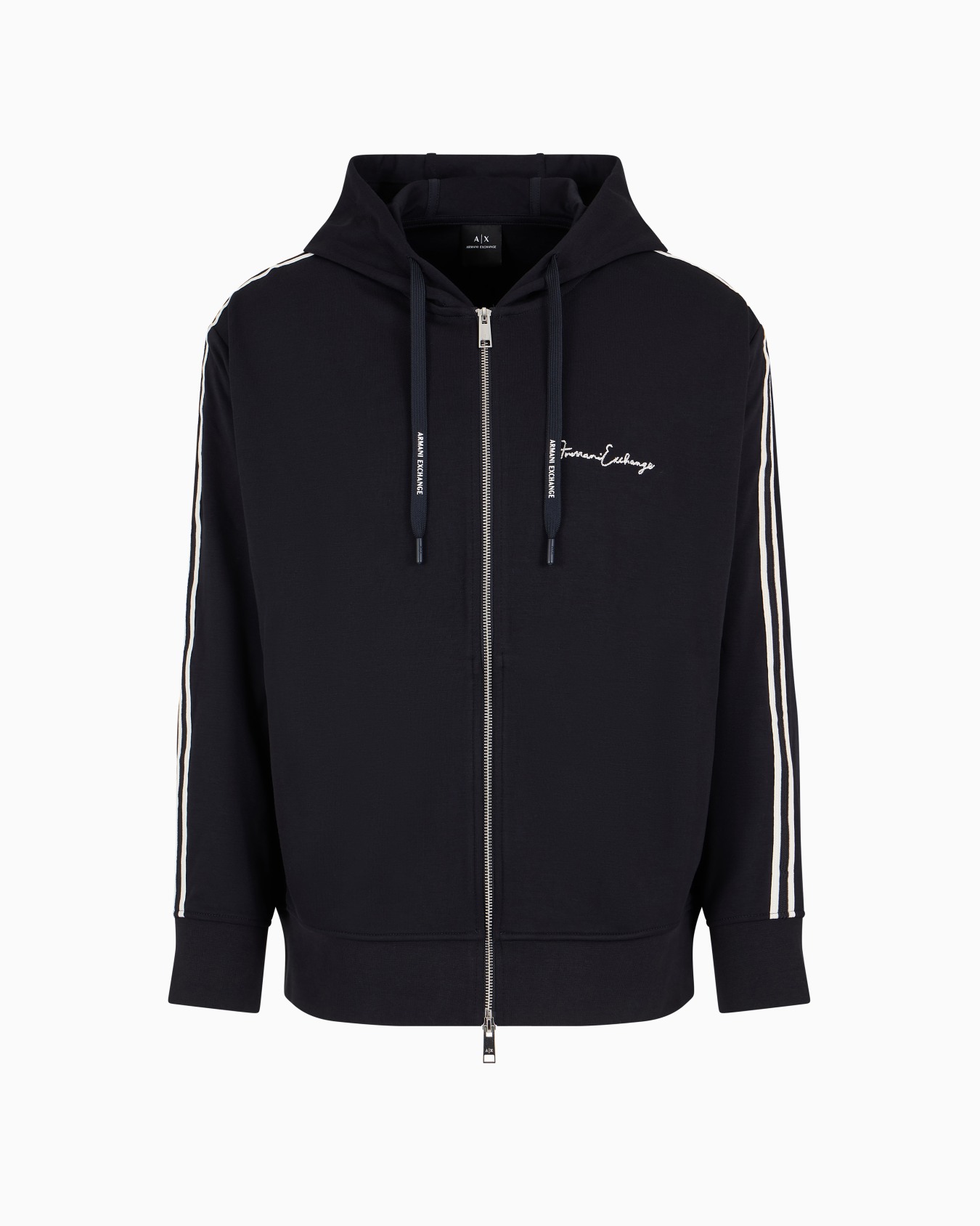 Full zip sweatshirt in bonded cotton with bands on the sleeves Slide 0