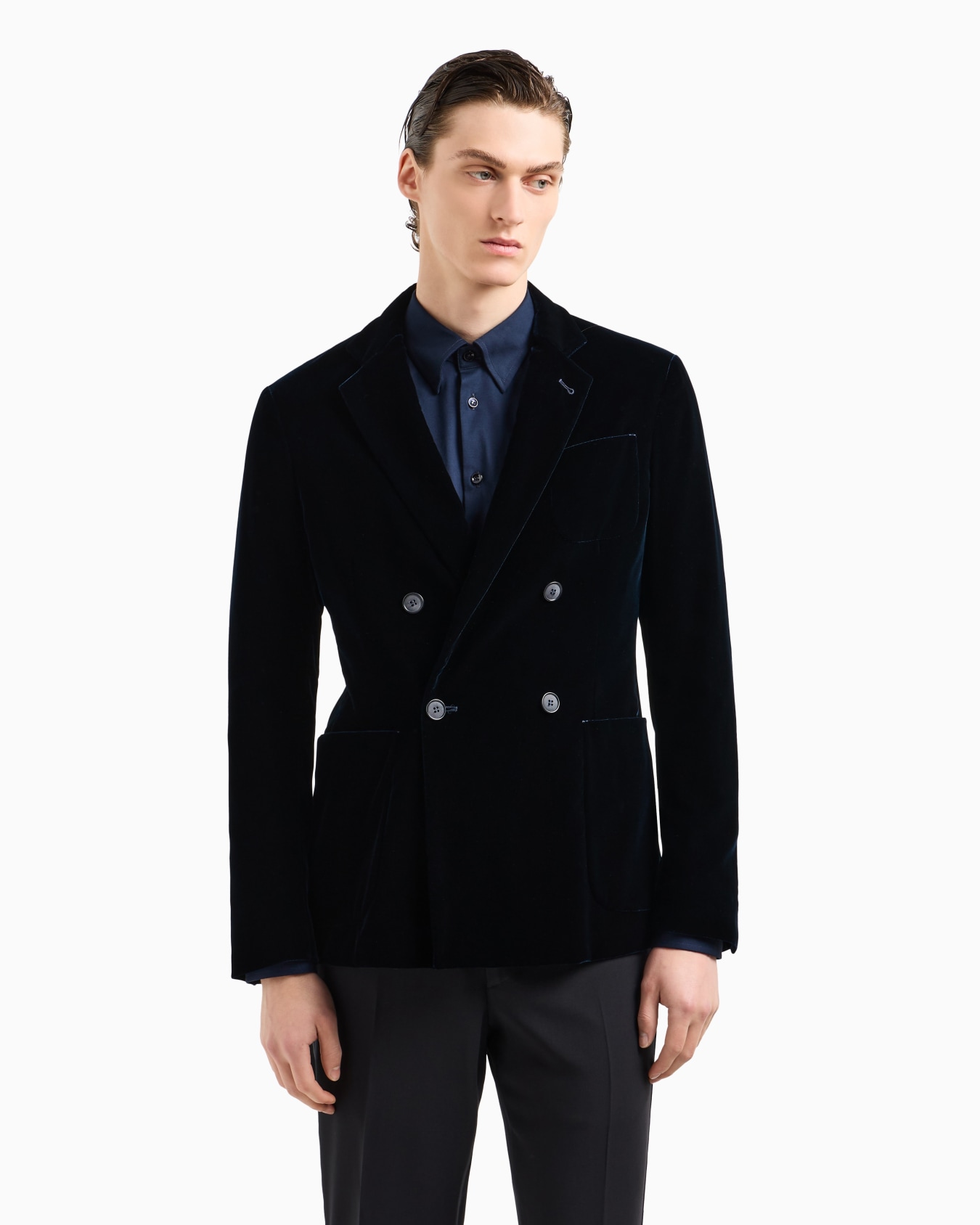 Double-breasted Upton jacket in stretch plain velvet Slide 3