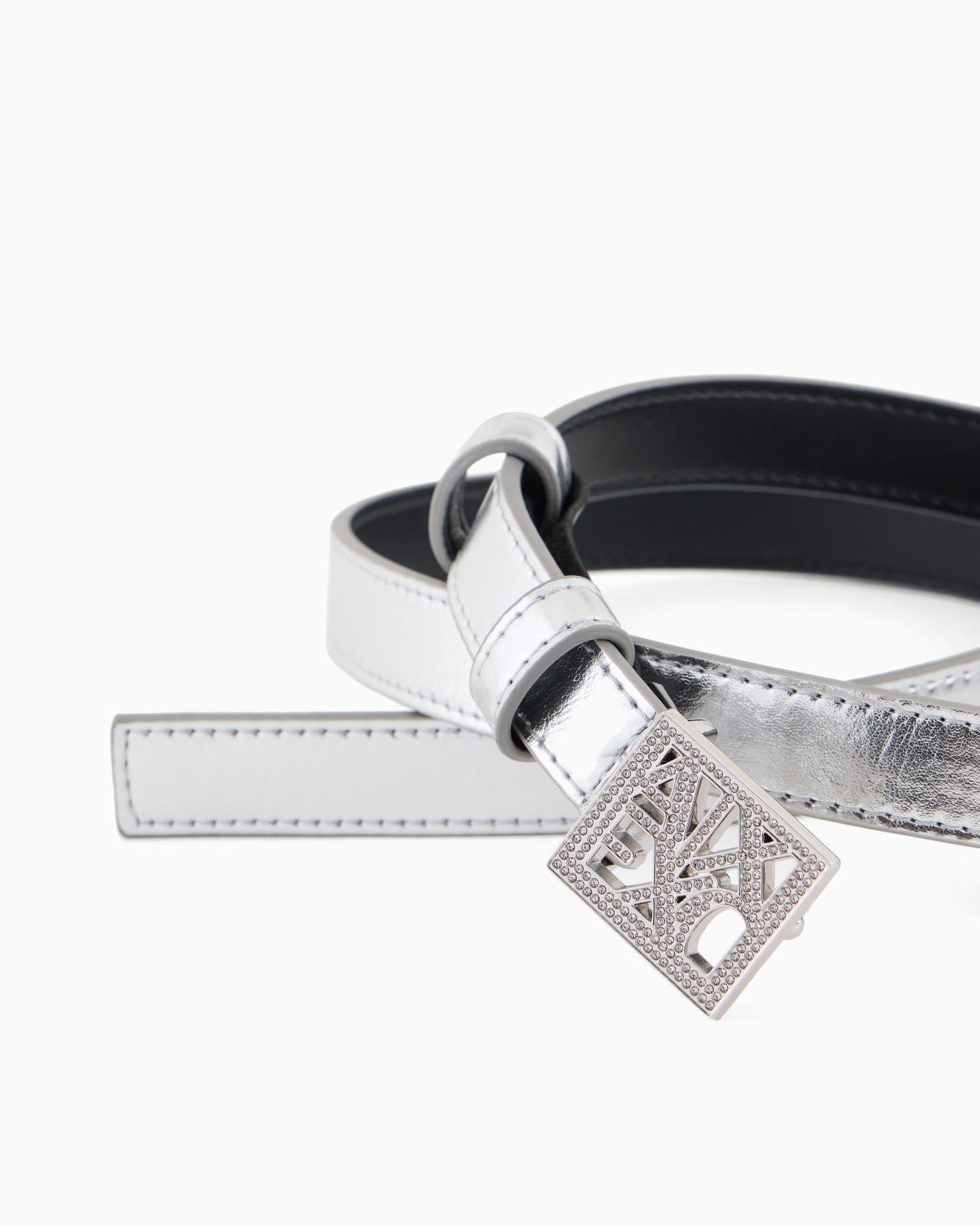 Metallic effect belt with rhinestone logo Slide 1