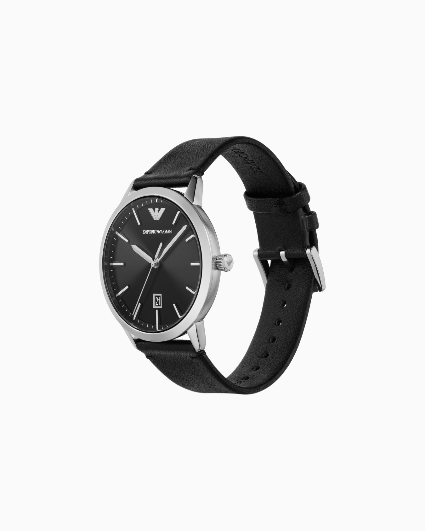Montre à trois aiguilles en cuir noir avec date Slide 1