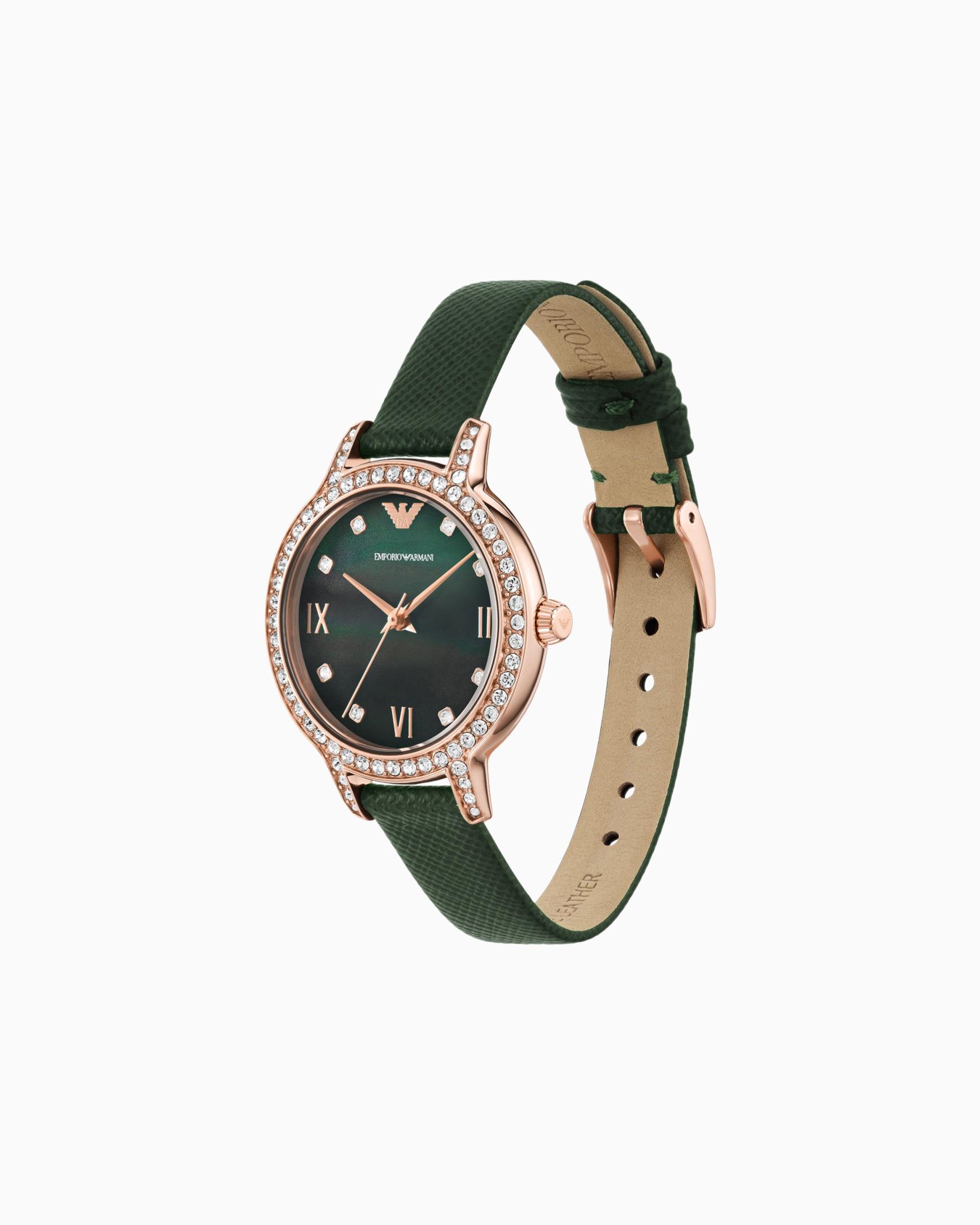  Grüne Uhr mit drei Zeigern und Lederarmband Folie 1