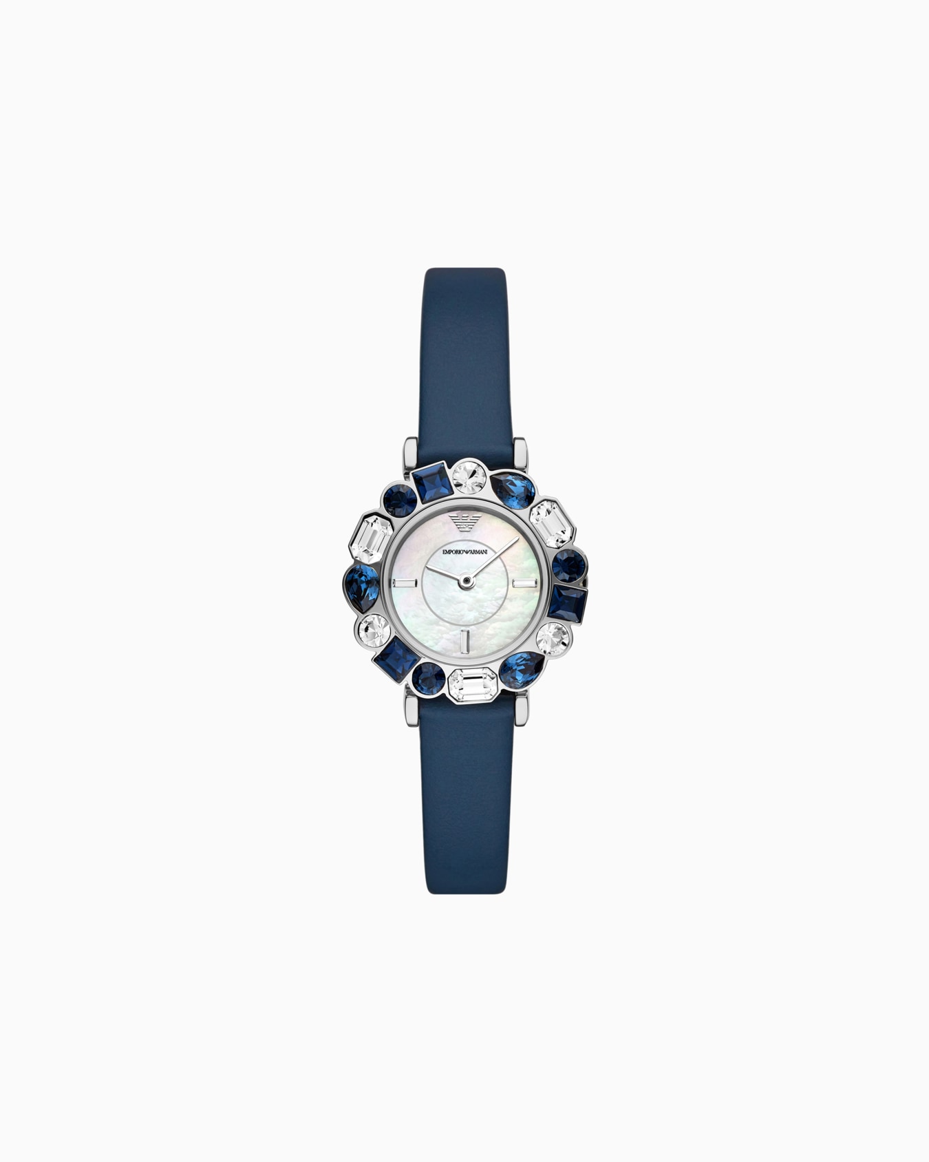 Reloj de piel azul con dos agujas Diapositiva 0